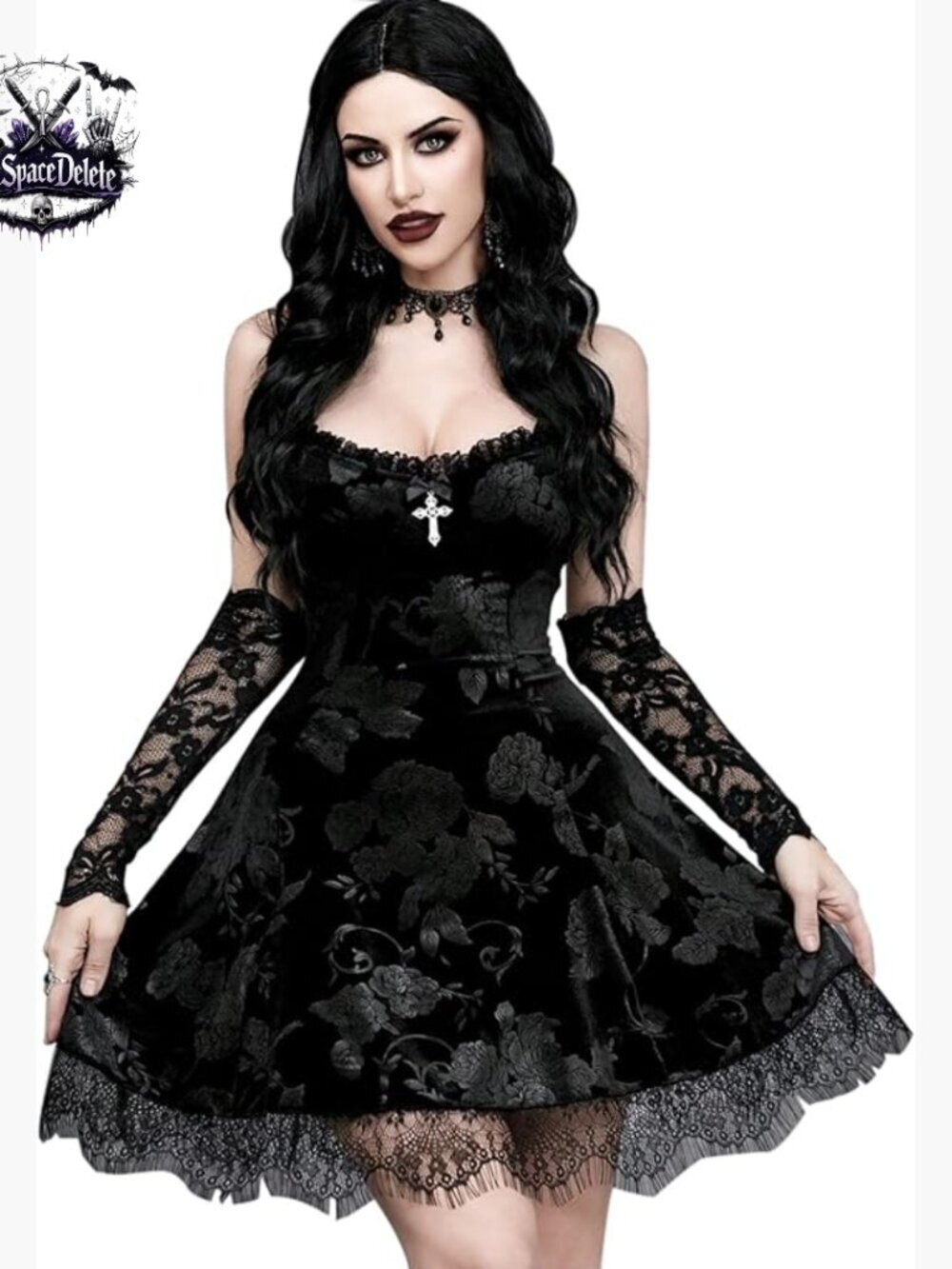 Gothic Mini Dress with Lace Patchwork Velvet Long Sleeve Backless